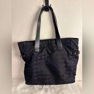 Chanel Black Nylon Tote Bag Travel Line Logo Shoulder Purse Vintage Authentic